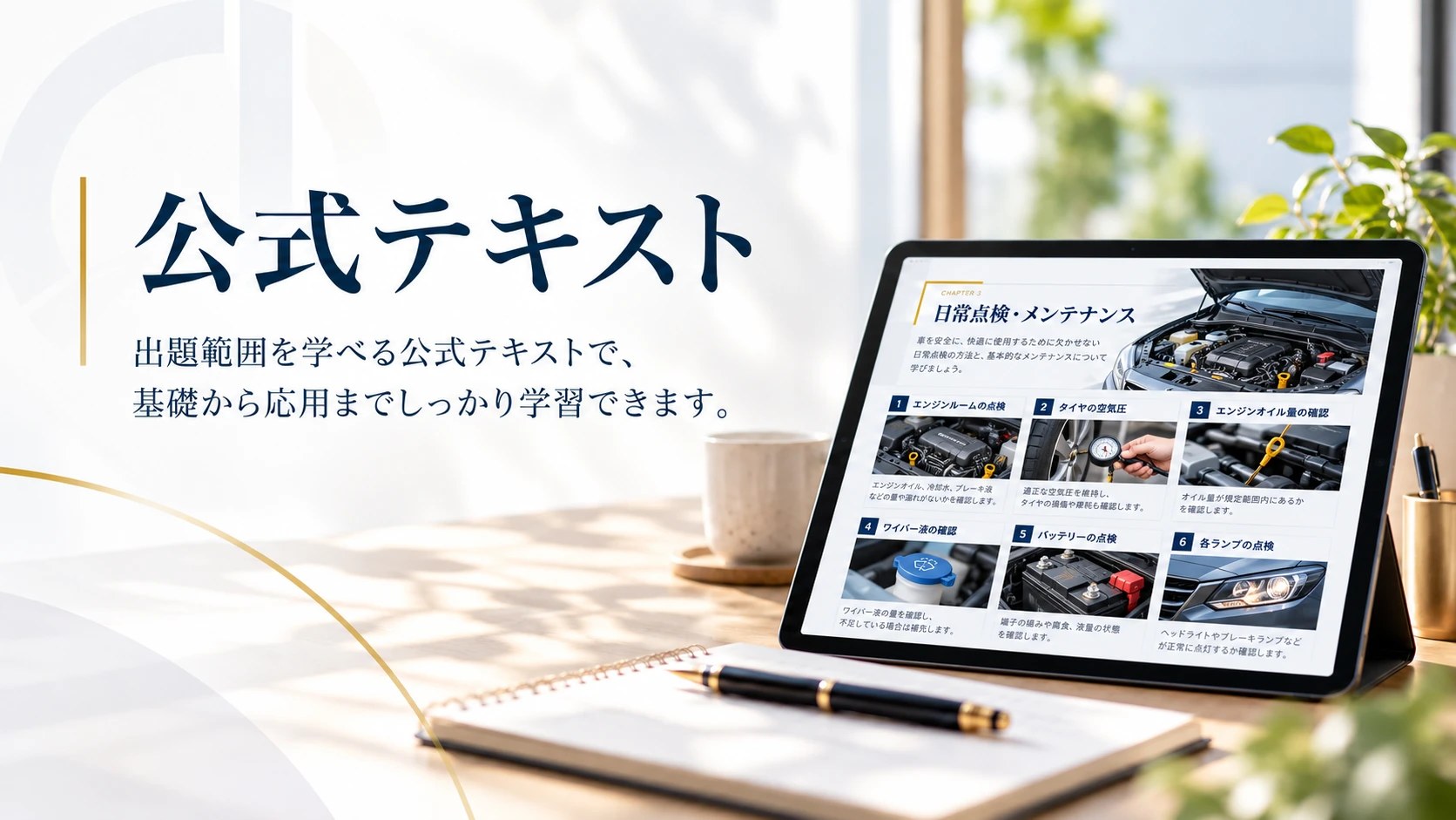 公式テキスト — 机の上でテキストを開いて読む場面。出題範囲を図解でまとめた全4巻です